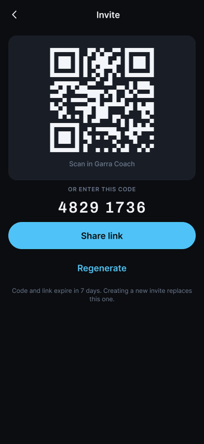 Garra's Invite screen under Settings › Coaches: a QR code labeled Scan in Garra Coach, an 8-digit code, a Share link button, Regenerate, and a 7-day expiry note.
