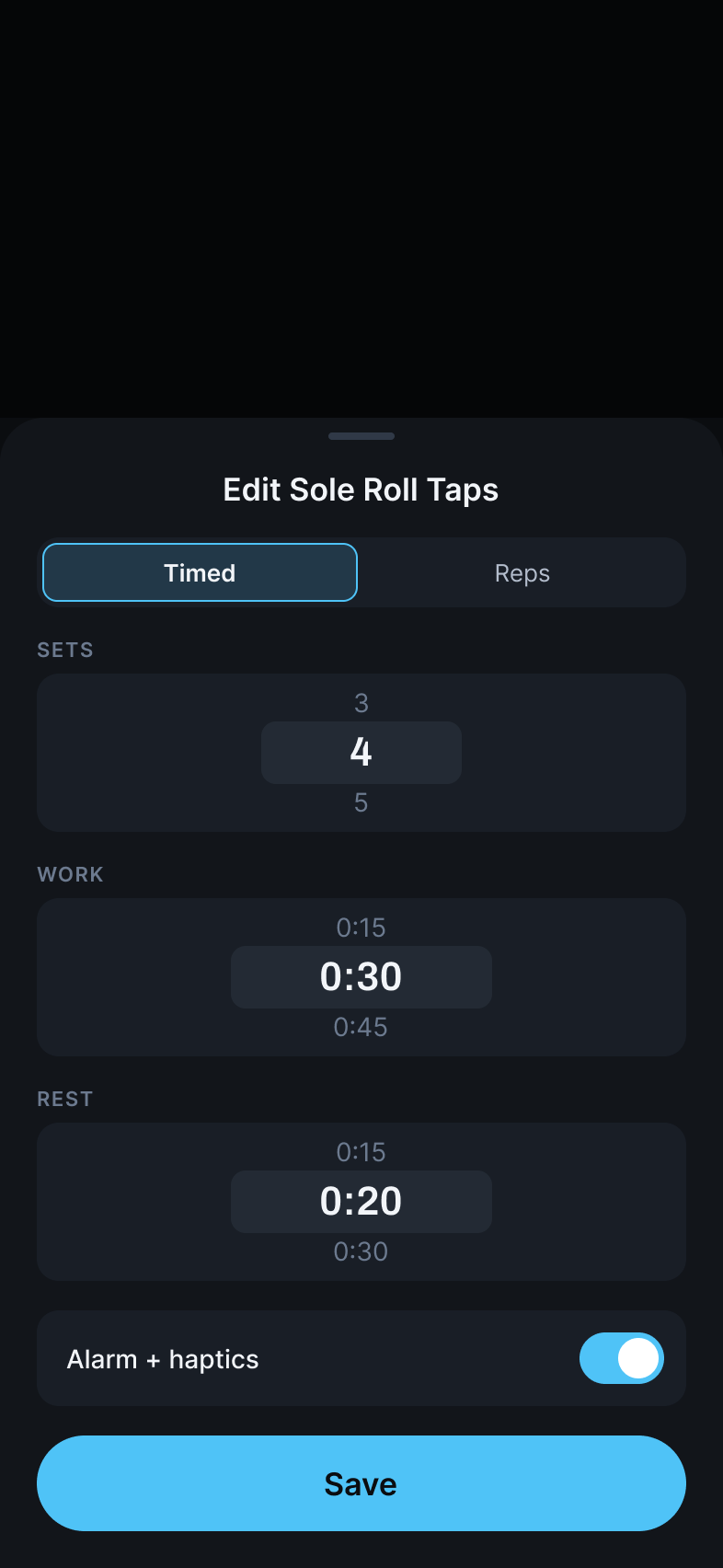 Garra's drill setup screen for Sole Roll Taps: Timed and Reps tabs, wheels for 4 sets, 30 seconds of work, 20 seconds of rest, and an alarm-plus-haptics toggle.