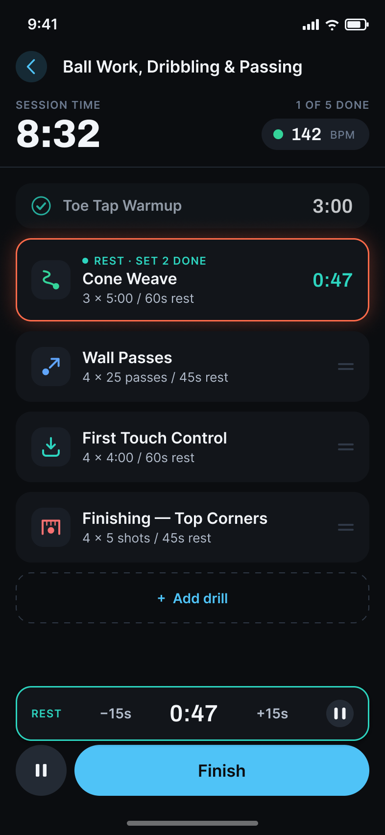 Garra between sets: the Cone Weave card shows rest with set 2 done, and a mint rest bar counts down 0:47 with minus and plus 15-second buttons.