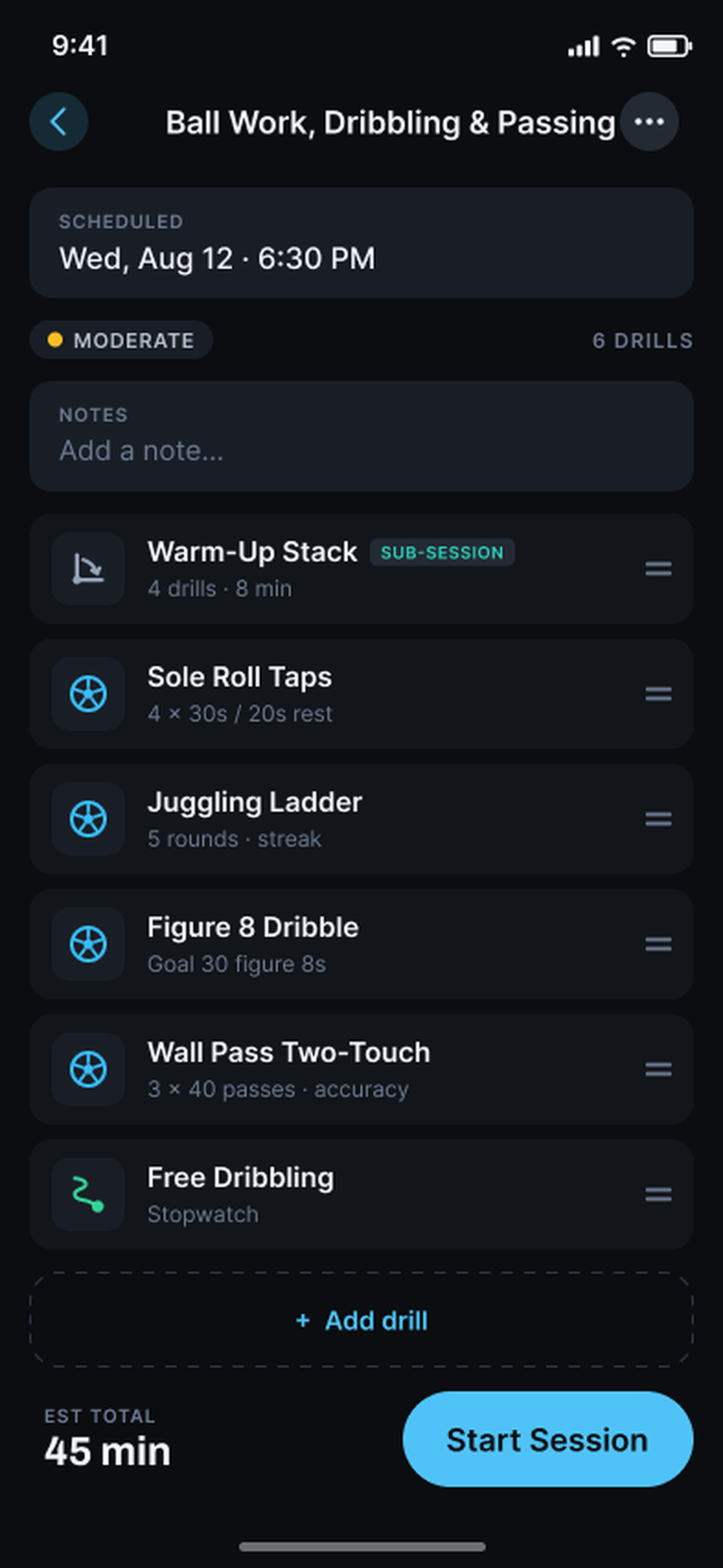 Garra's session screen: a scheduled stamp of Wed, Aug 12 at 6:30 PM, a notes field, draggable drill rows with sets and timing, an Add drill row, and a 45-minute estimated total with a Start Session button. No session-name field — names are generated from the drills.