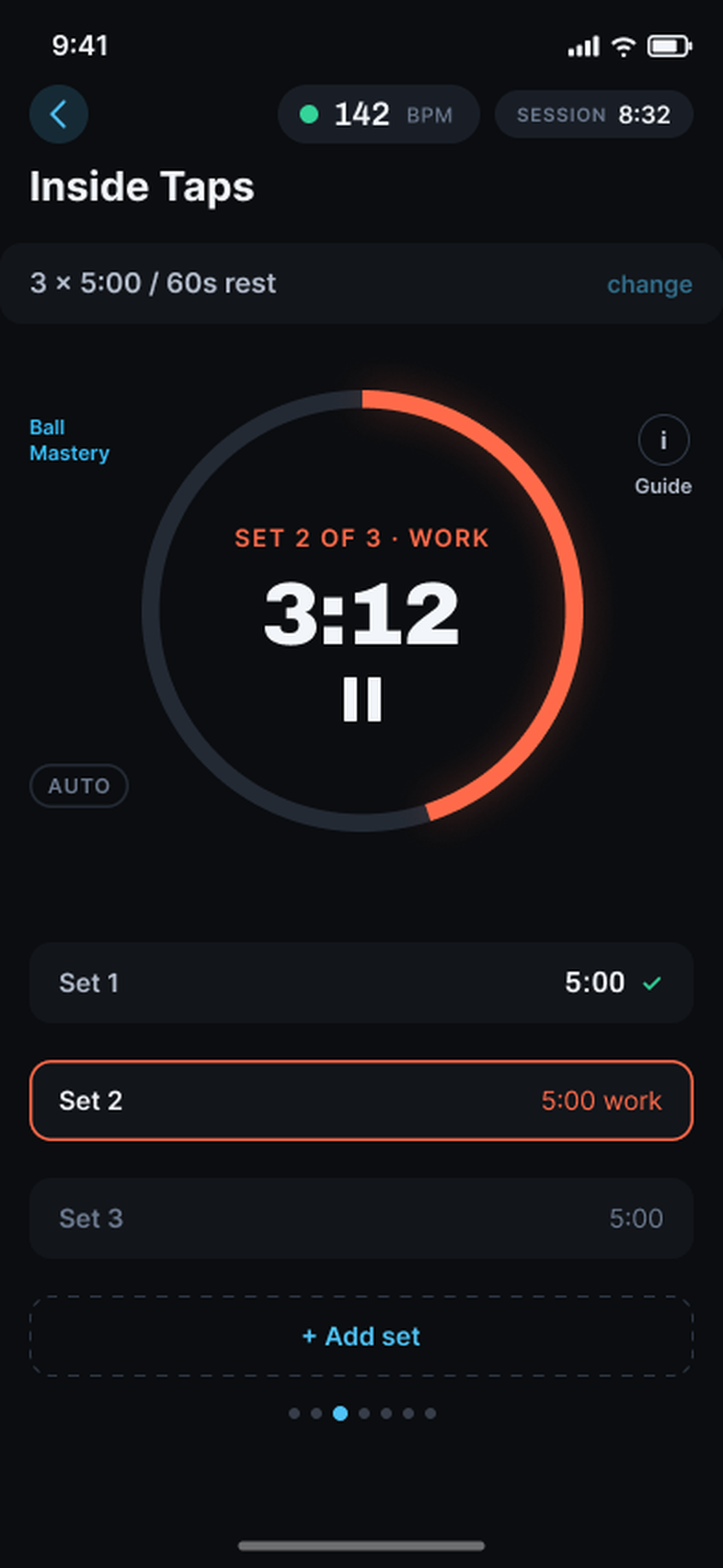 A drill in progress in Garra: Inside Taps, a 3 × 5:00 / 60s rest row with a change control, an ember ring counting down 3:12 of set 2 of 3, Ball Mastery and Guide beside the ring, the set log below, and pager dots under the log.
